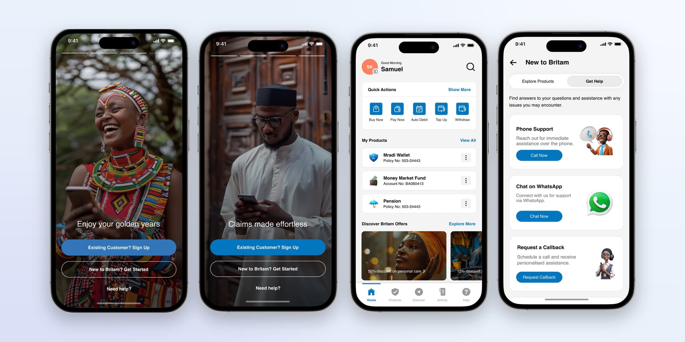 Britam onboarding, home and help screens on mobile