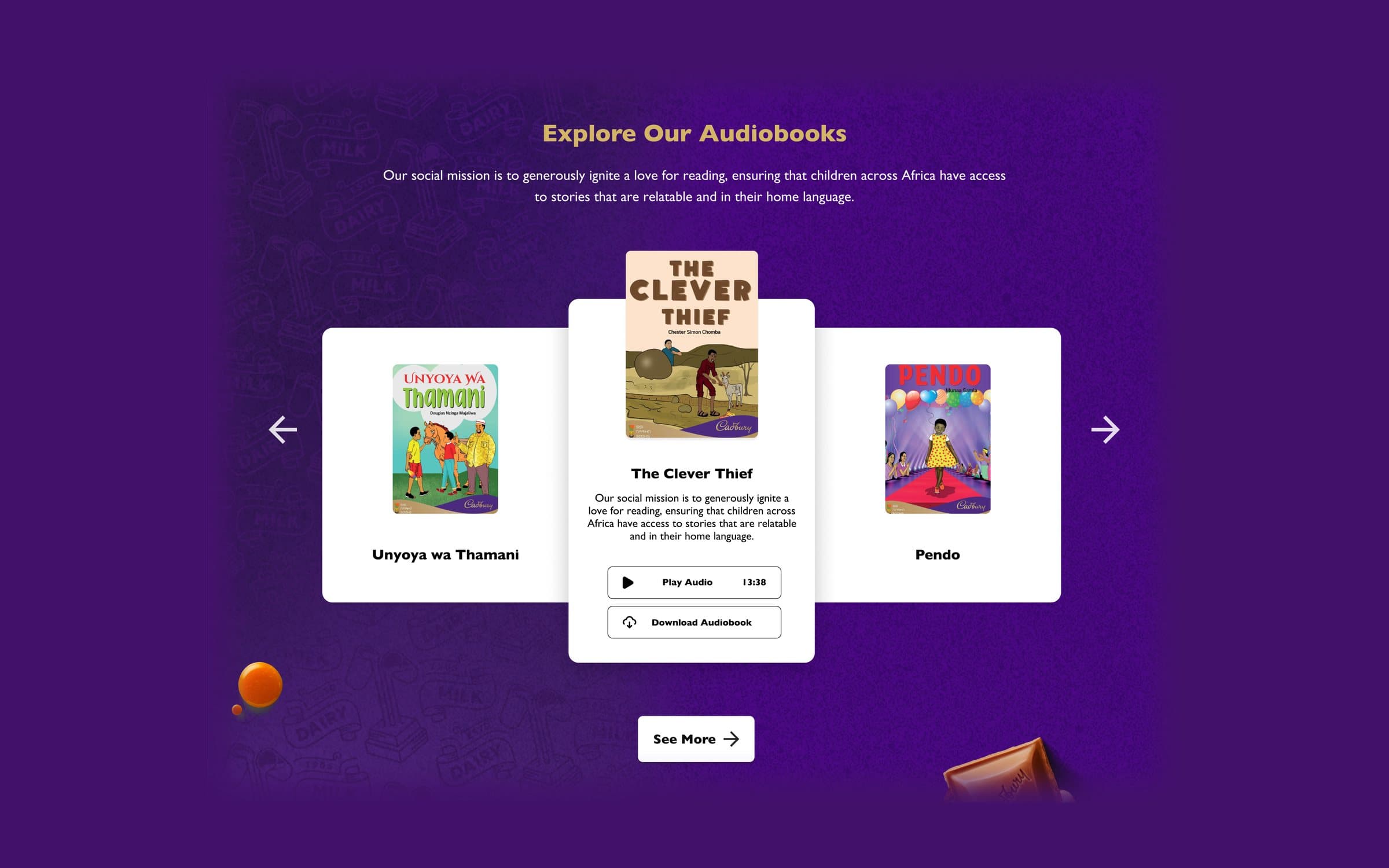 Explore Our Audiobooks carousel with play and download