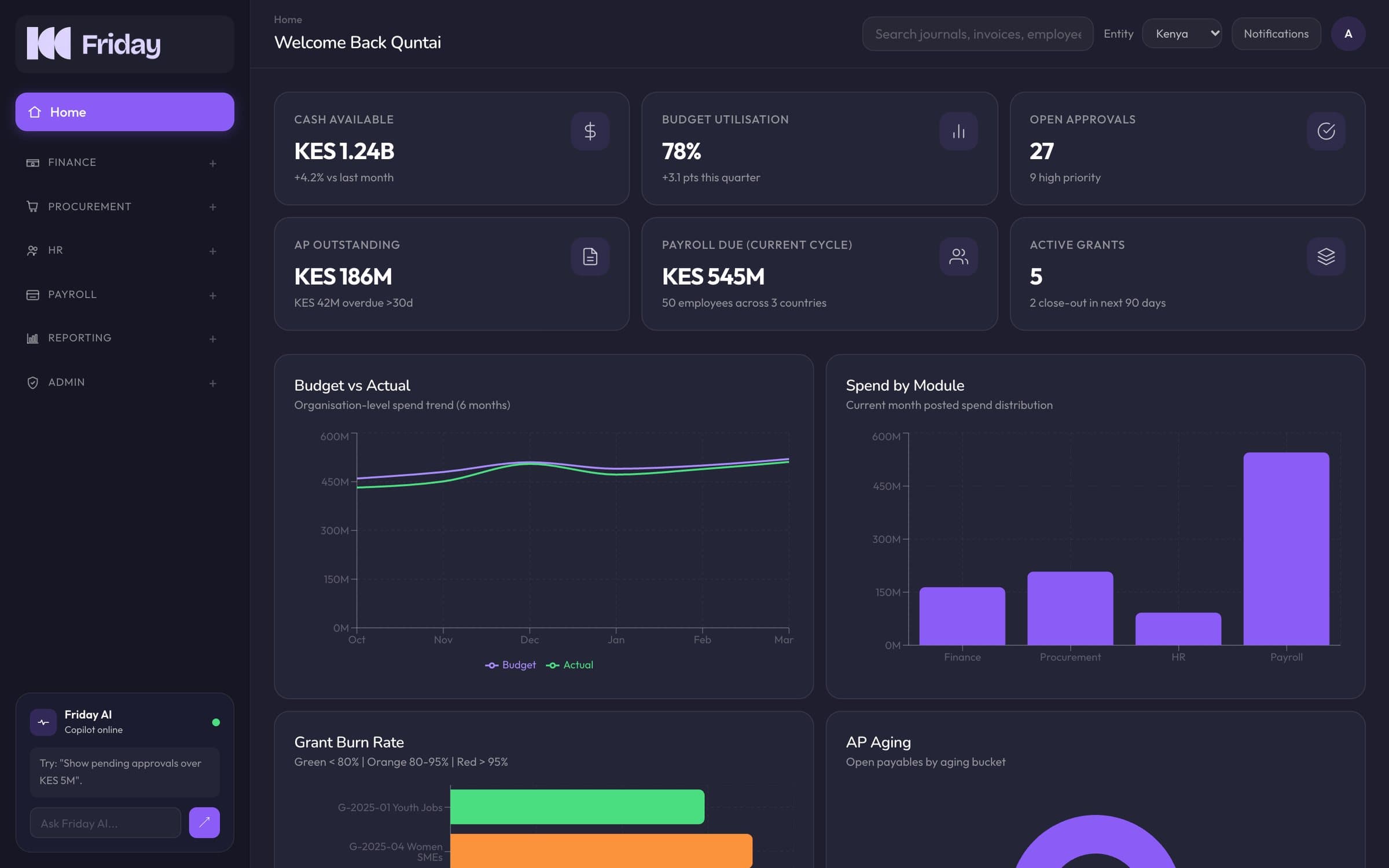 Friday home dashboard: cash, budget, approvals, payroll and grants