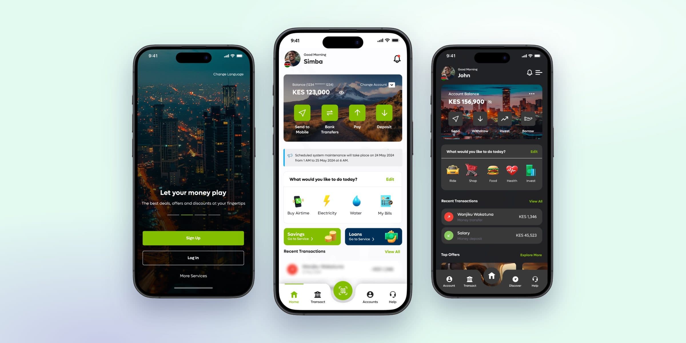 KCB app onboarding, light home dashboard and dark home dashboard
