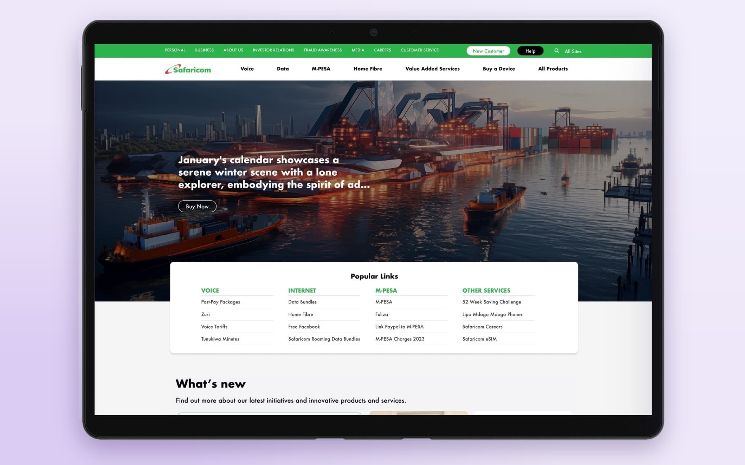 Safaricom corporate website on a tablet