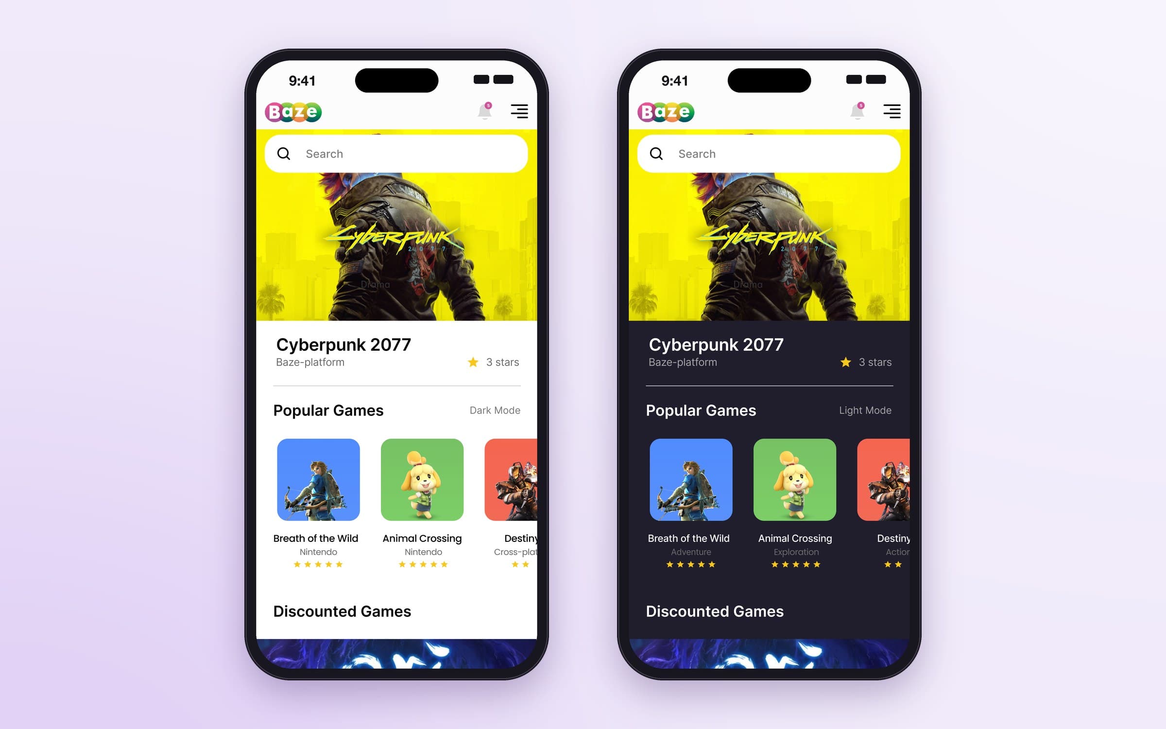 Baze games screen in light and dark mode