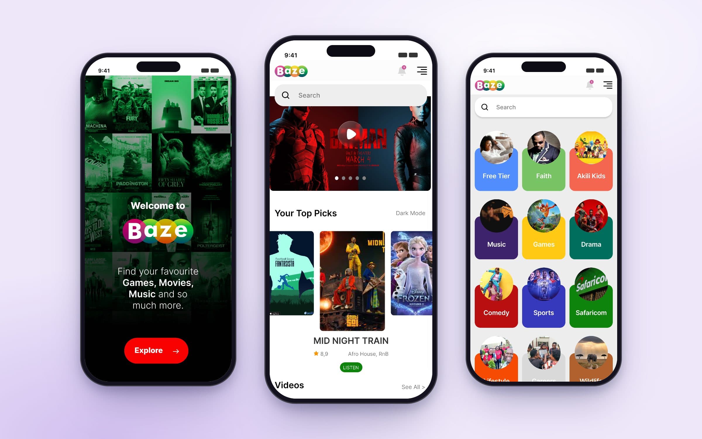 Baze welcome screen, home and browse-by-category on mobile