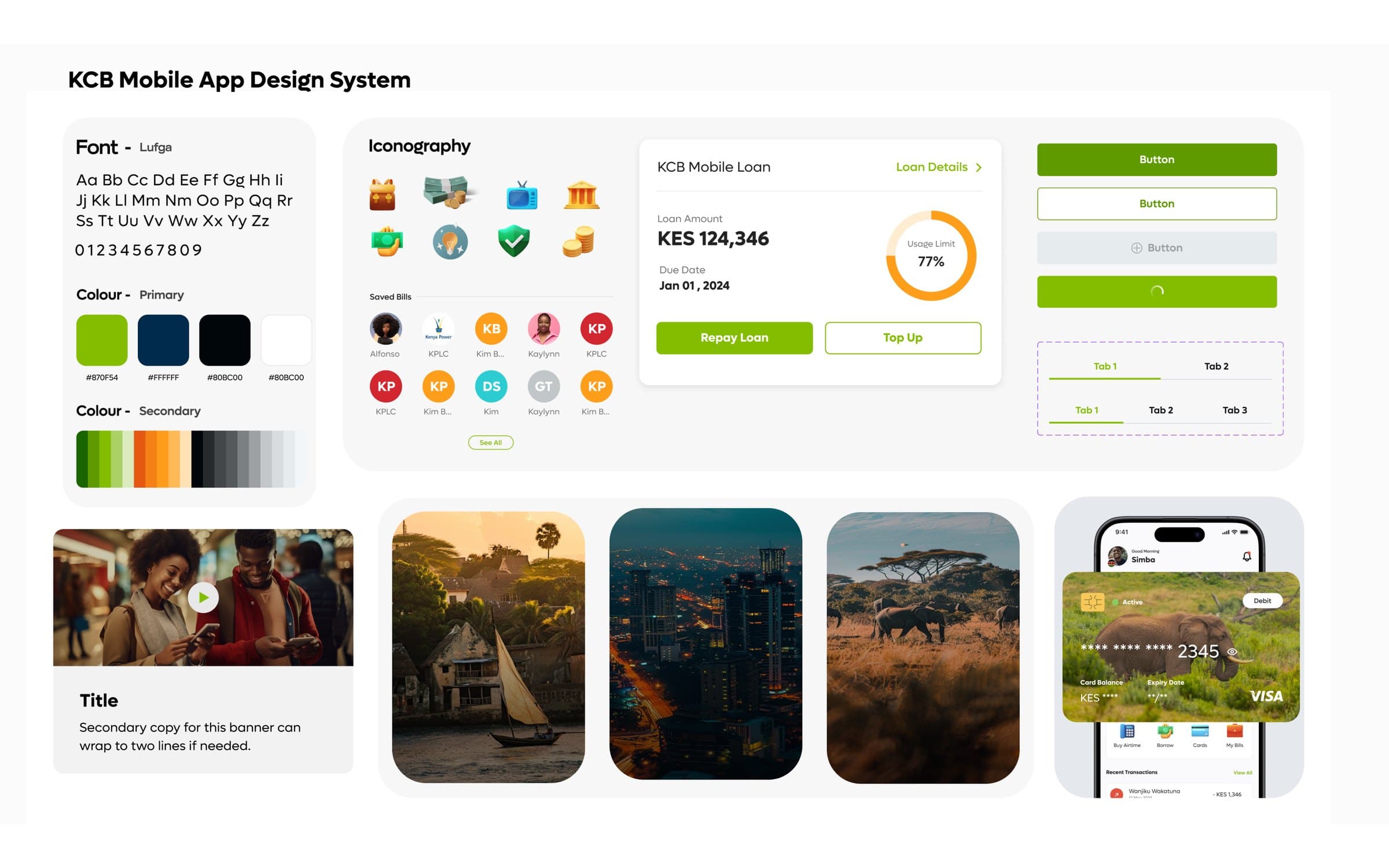 KCB mobile app design system: typography, colours, iconography, cards, buttons and tabs