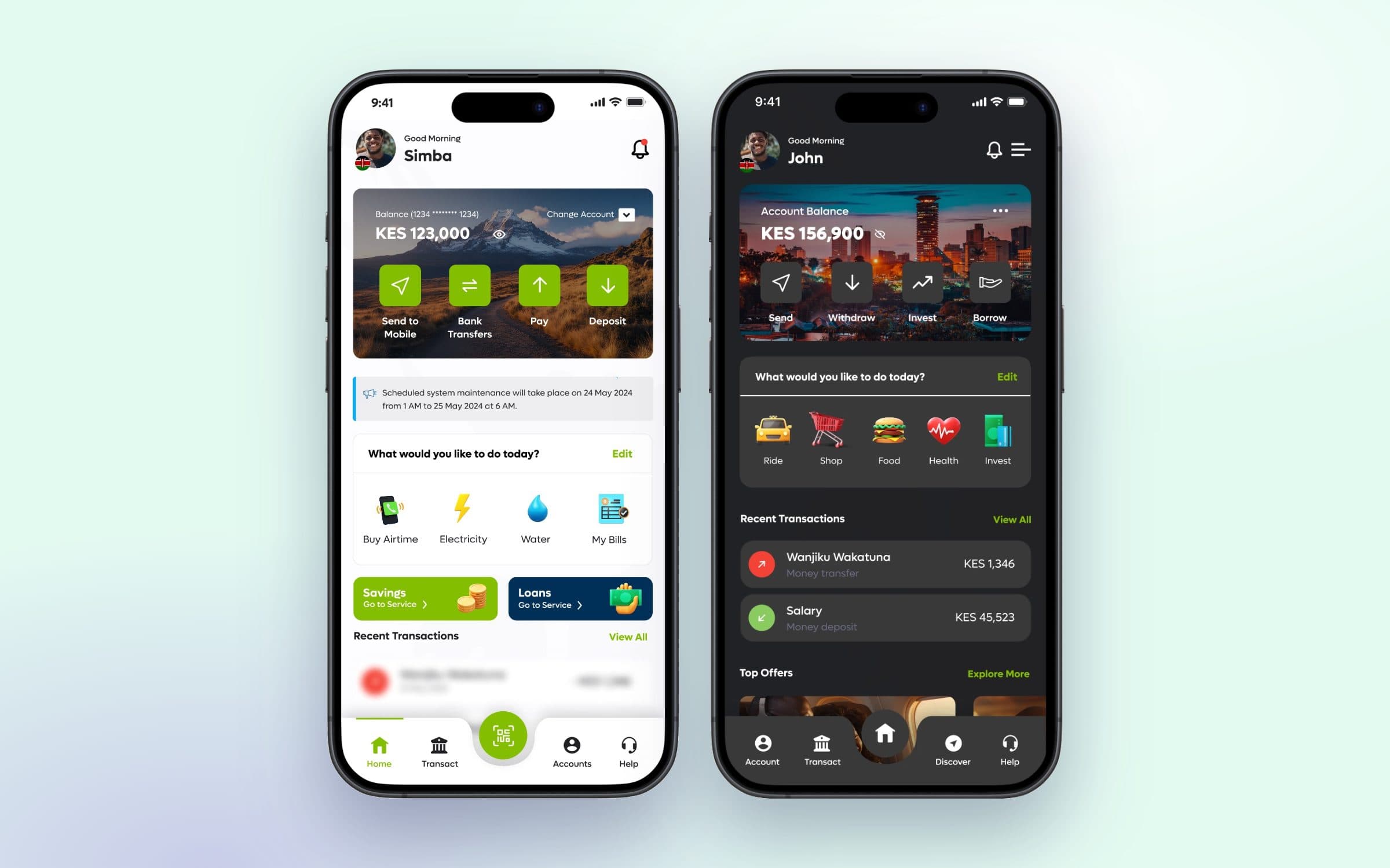 KCB home dashboards in light and dark themes