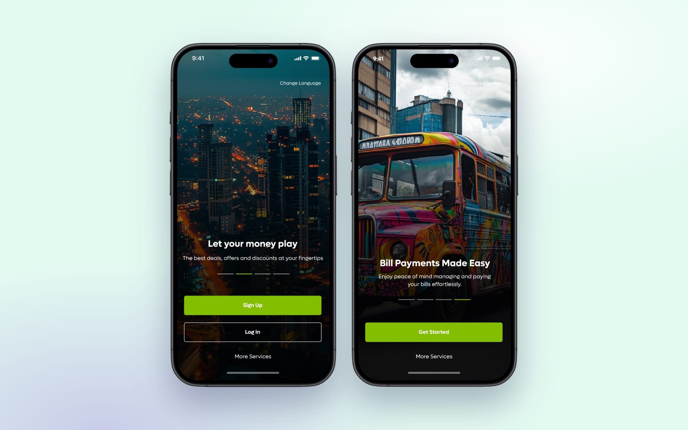 KCB onboarding screens: Let your money play, Bill Payments Made Easy
