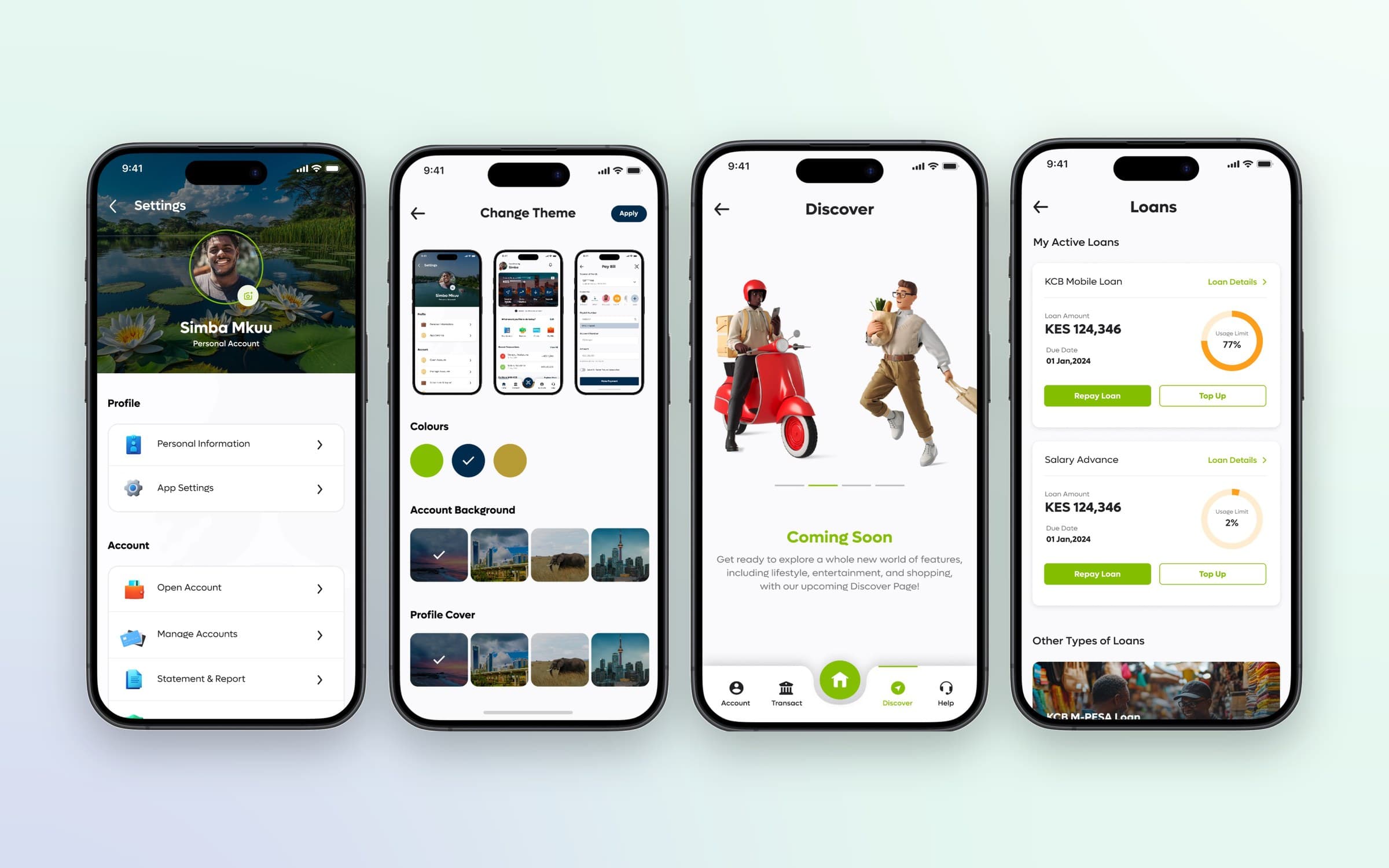 KCB settings, change theme, Discover coming soon and active loans