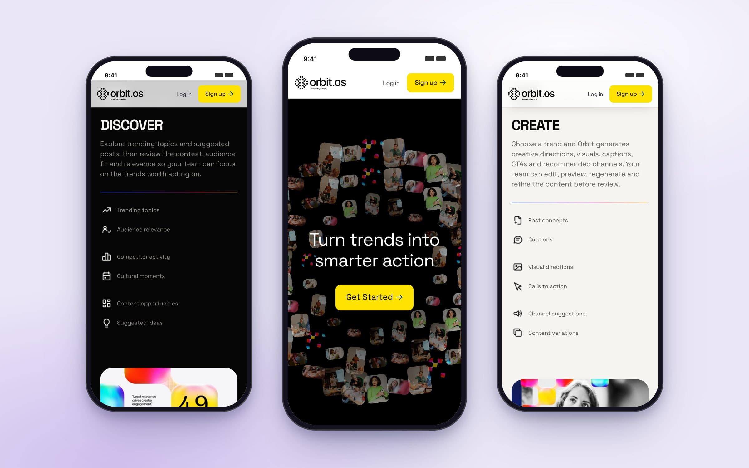 Orbit's Discover step, homepage and Create step on mobile