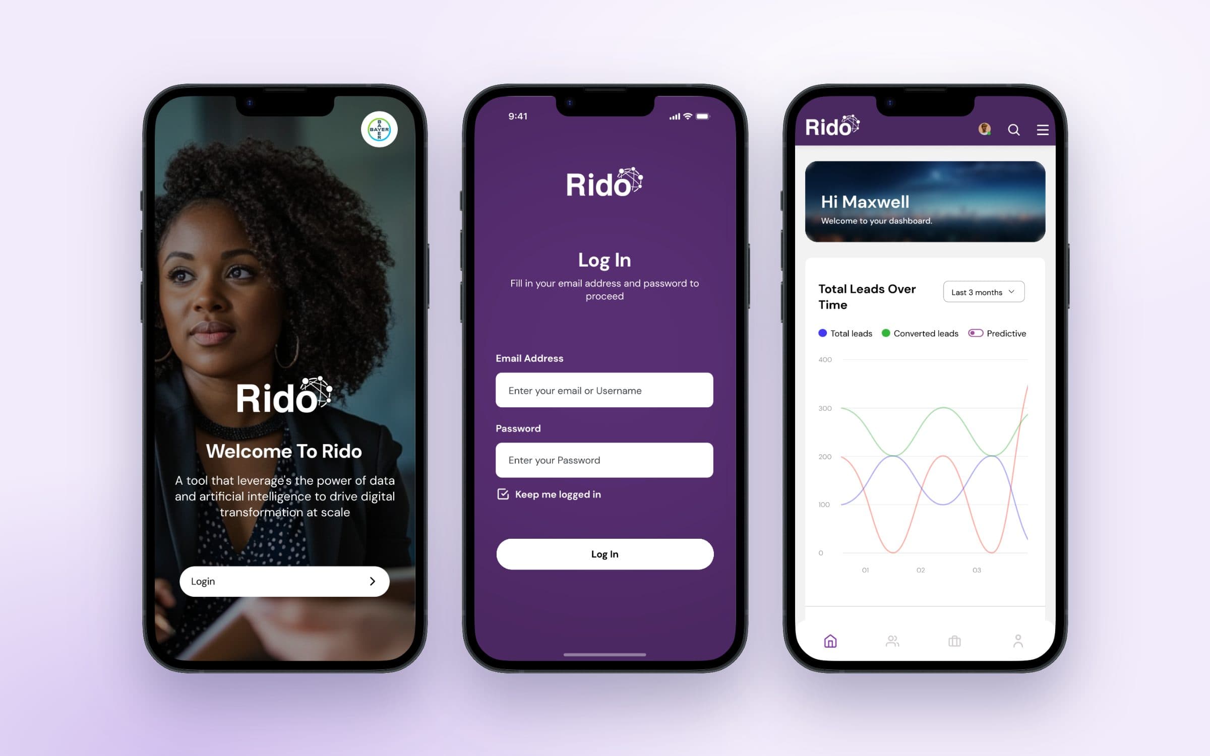 Rido welcome, log-in and leads dashboard on mobile